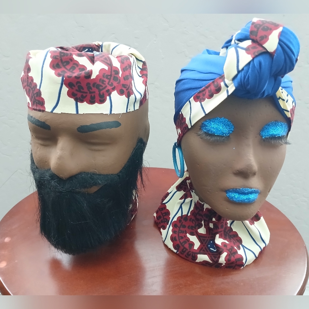 Blue and Red Patterned Headwrap Set
